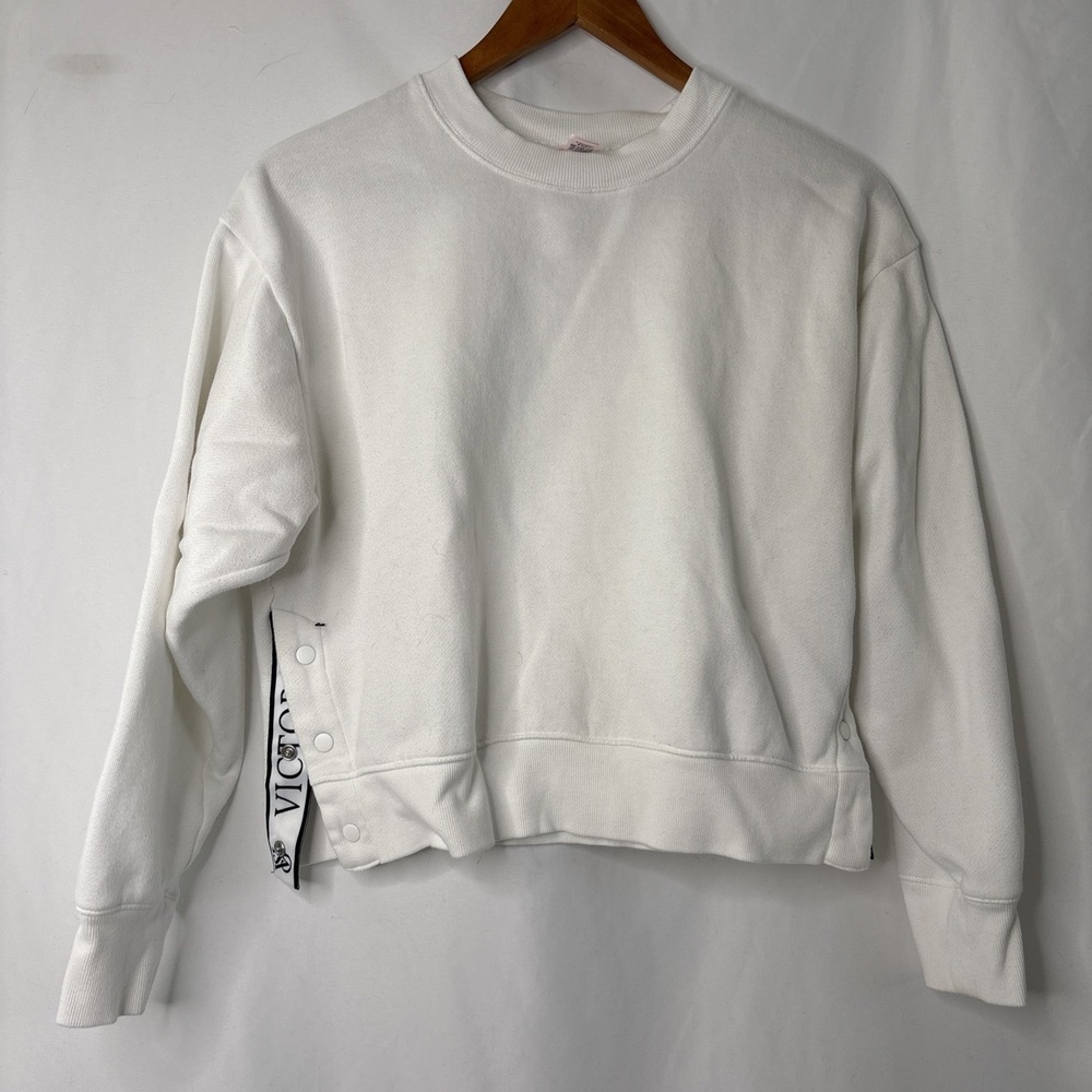 Victorias Secret M Side Snap VS Logo Brand Tape White Crew‎ Neck Crop Sweatshirt
